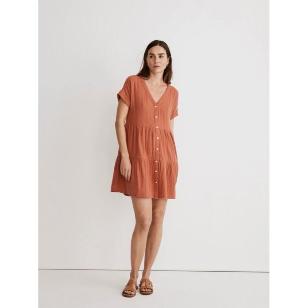 Madewell Lightspun Cuff-Sleeve Button-Front Tiered V-Neck Dress -XXS